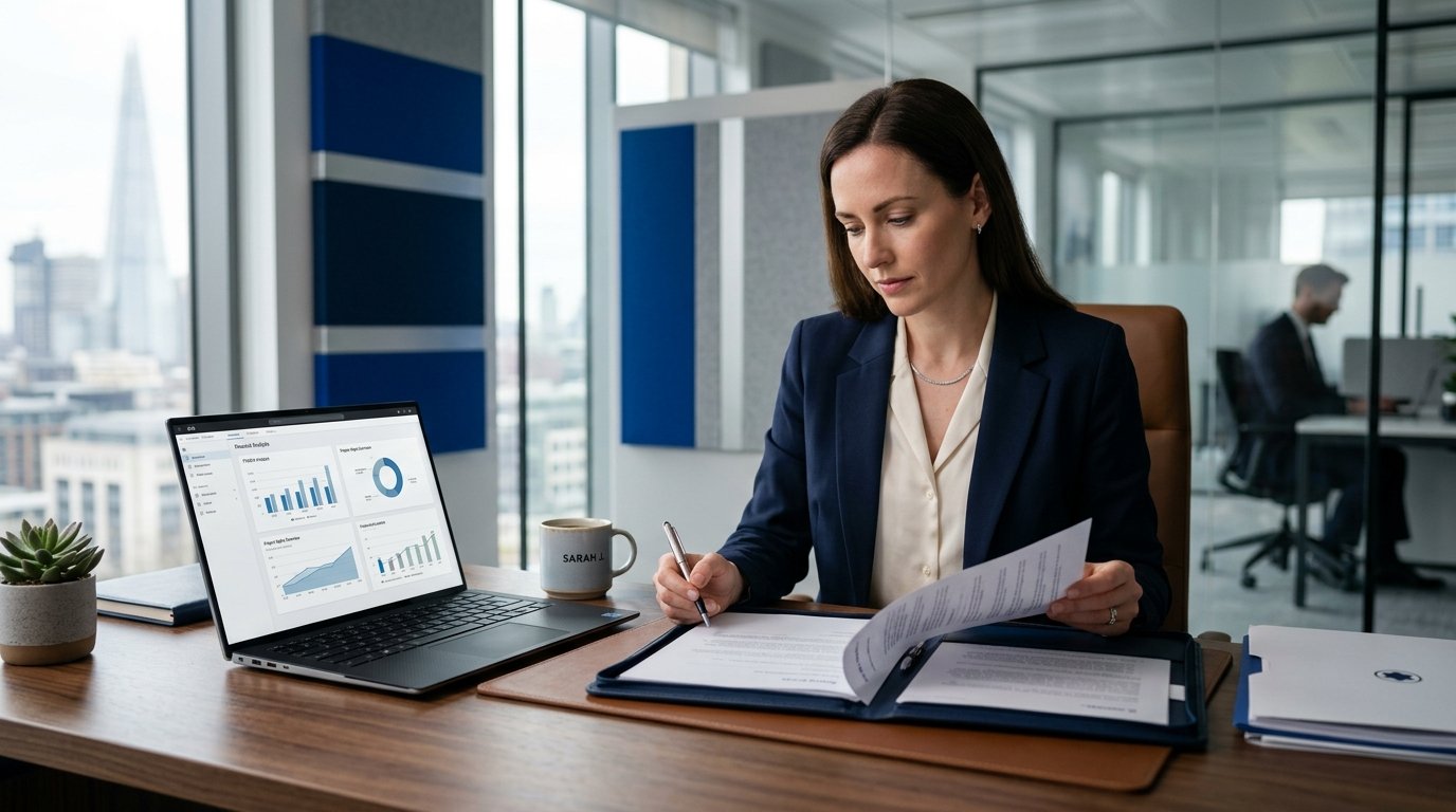 Professional reviewing organized financial documentation and reports in a bright modern executive office