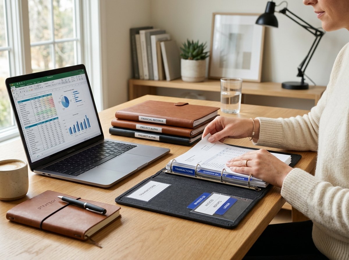 Organized bookkeeping binders and clean laptop workspace